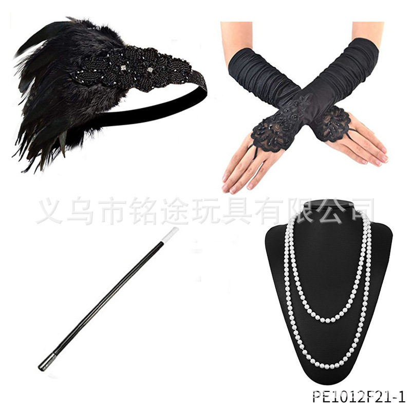 Vintage 1920s FLAPPER niña ropa diadema lana raya guantes de plástico falso tabaco varilla Gatsby traje