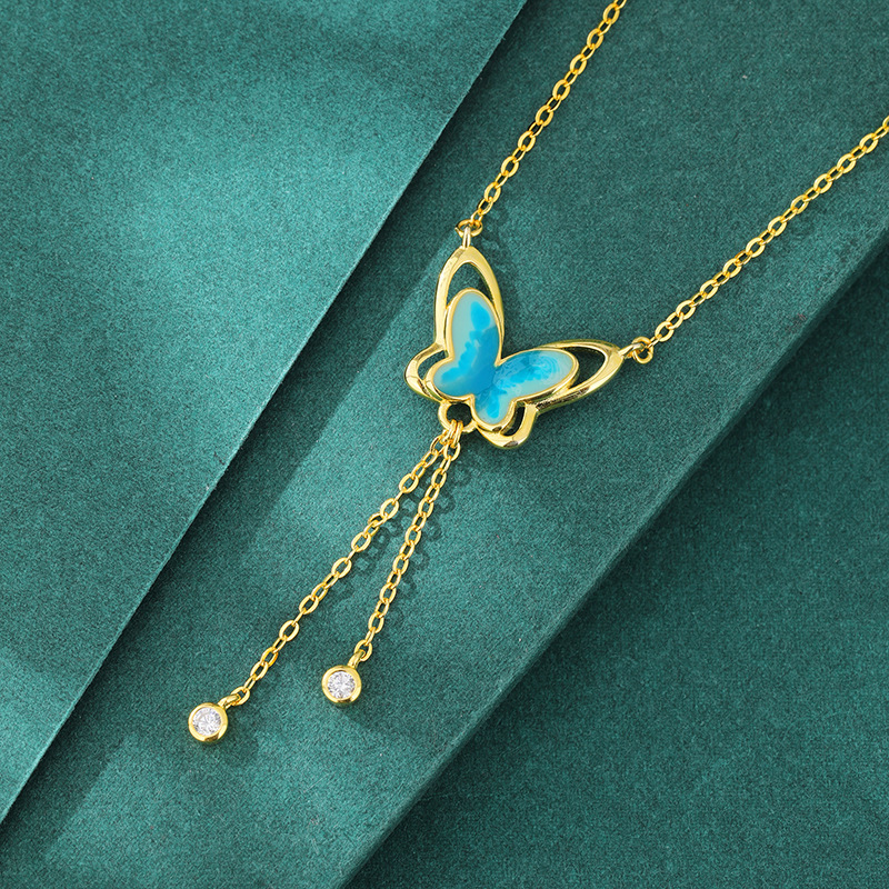 S925 plata de ley con flecos, esmalte, collar de mariposa, diseño de nicho de alto nivel femenino, temperamento de lujo ligero, cadena de clavícula, viento frío