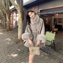 2025冬季新款斗篷款双面呢羊毛大衣狐狸毛领袖口可拆卸时尚洋气款