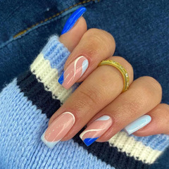 穿戴式指甲片藍色法式白色波浪美甲片成品可拆卸press on nails