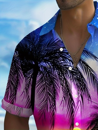 Men's Coconut Tree Sunset Landscape Hawaiian Button Up Cross-border