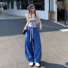 YC&美式复古高腰宽松阔腿裤抽绳松紧腰格子垂感直筒休闲裤女春夏