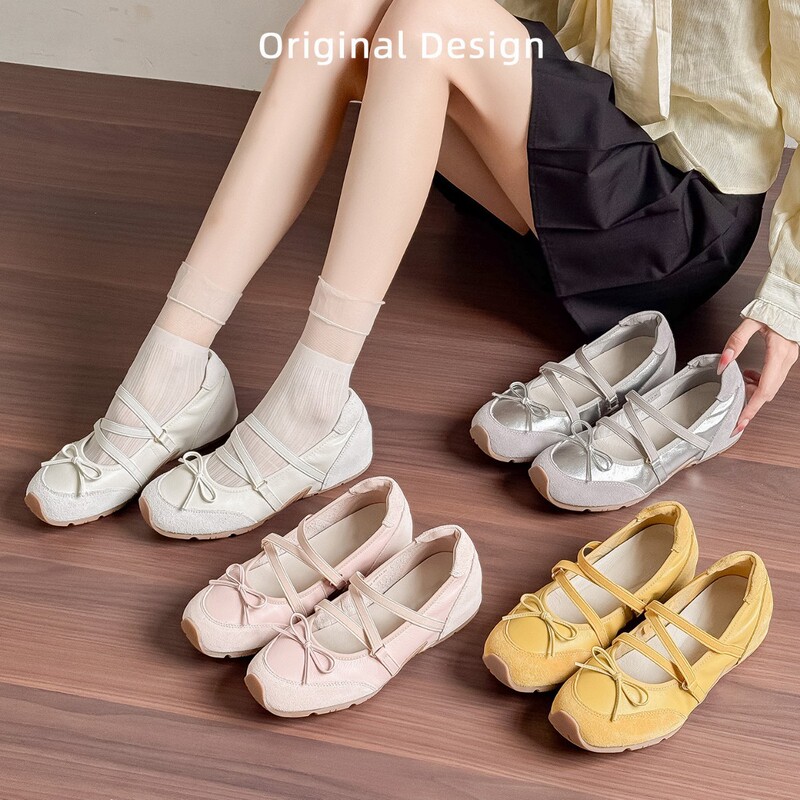 6cm Height Increase~Genuine Leather Ballet-Style Sports Mary Jane Shoes for Women, New Summer Casual Shallow Bowknot Flats