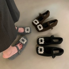 Elegant Lady Mary Jane Shoes for Women with Faux Fur French Evening Wind Square Toe Water Diamond Suede Plush Shoes for Women Winter Flat Single Shoes