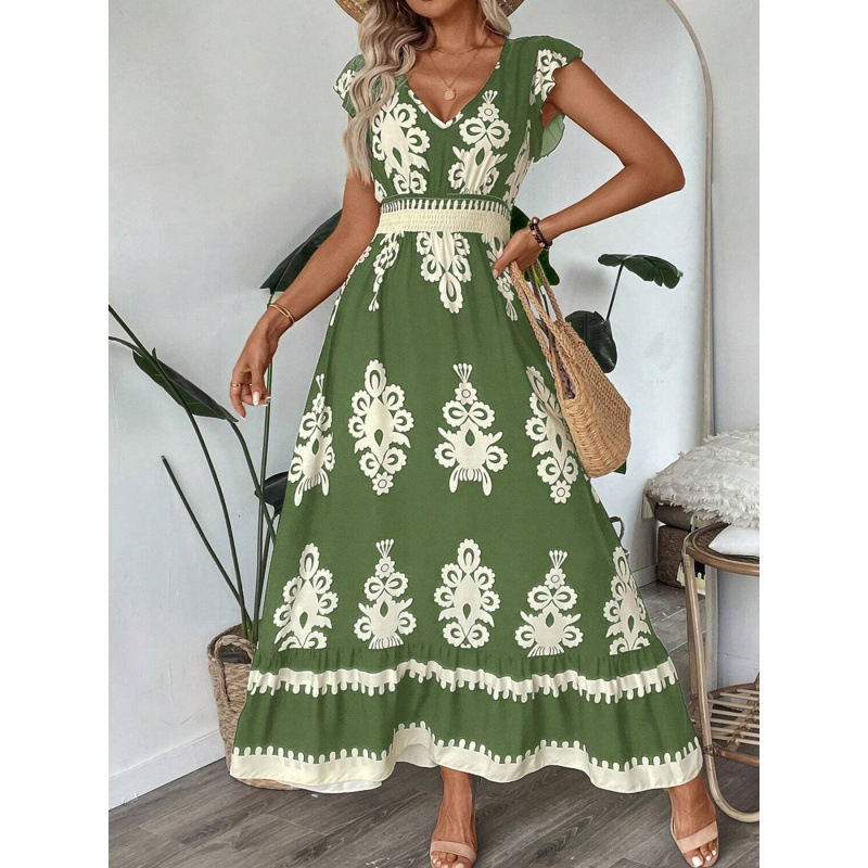 Shipped Aliexpress New Fashion Printed Waist Long Dress