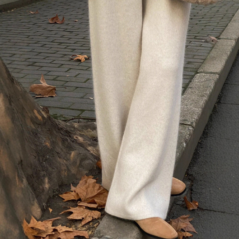 High-End and Stylish Woolen Knit Wide-Leg Pants for Women, Autumn and Winter Soft and Flowy Pants, Lazy Drape Straight-Leg Floor-Length Trousers