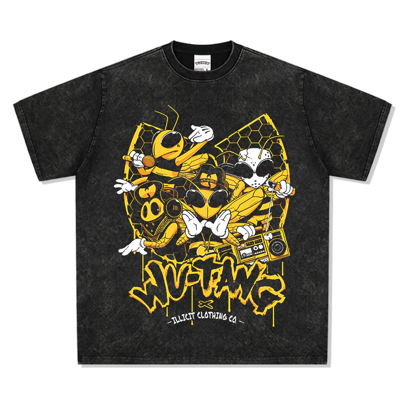 Wu-tang camiseta de manga corta retro americana con estampado lavado y desgastado suéter con capucha y cuello redondo suelto de algodón pesado