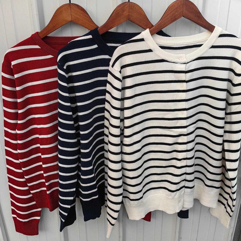 2026 Spring and Autumn New Cotton Modal Blend Round Neck Striped Long Sleeve Knitted Cardigan for Women 487444 476975