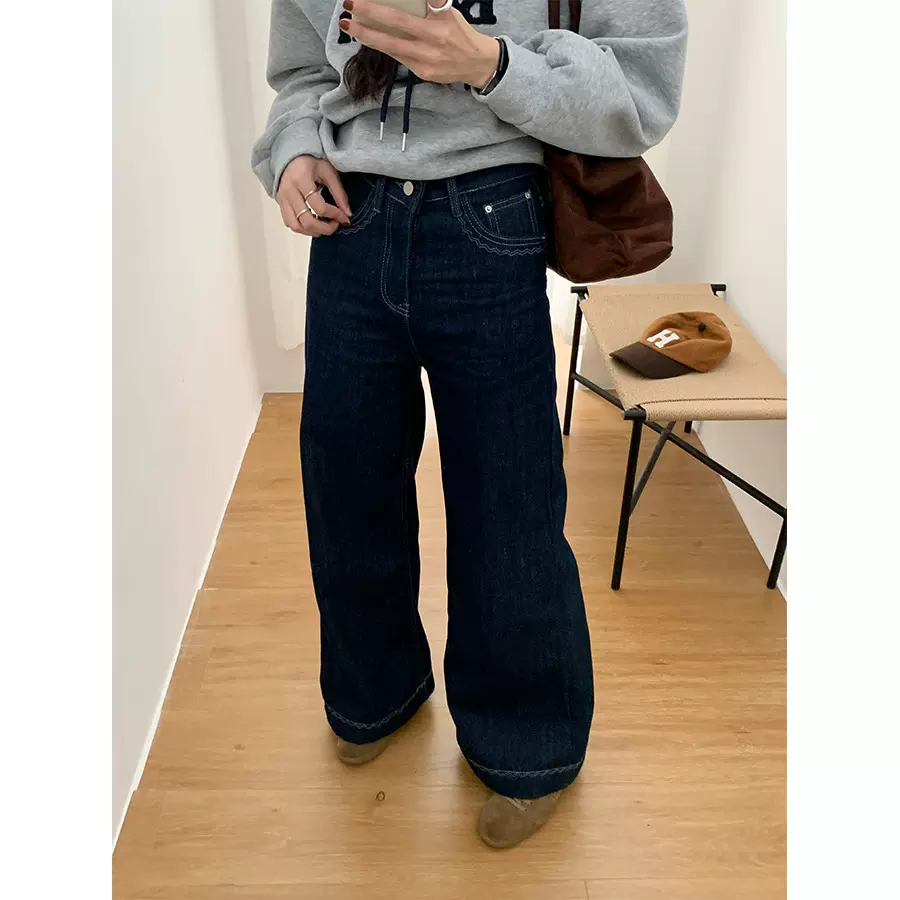 黄峥复古水洗高腰加绒牛仔裤女25秋冬宽松休闲直筒阔腿长裤541095