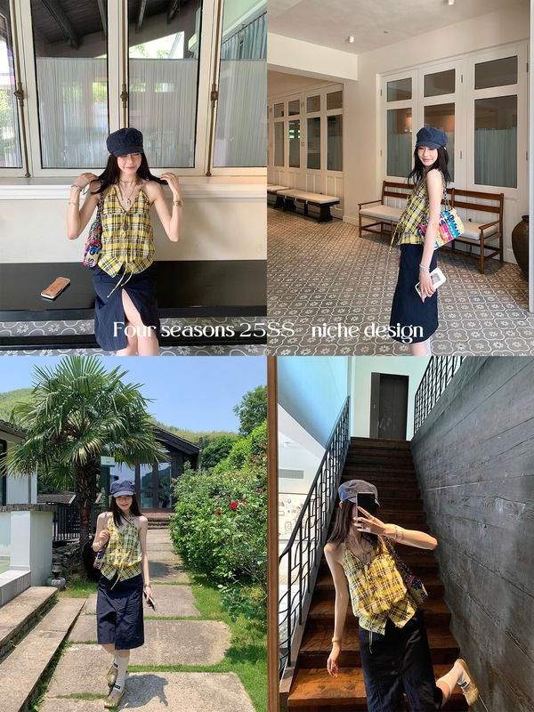 Ouyang チェック柄ホルターネックノースリーブシャツ女性の夏の新デザインニッチホットガールシャツレトロトップ|undefined