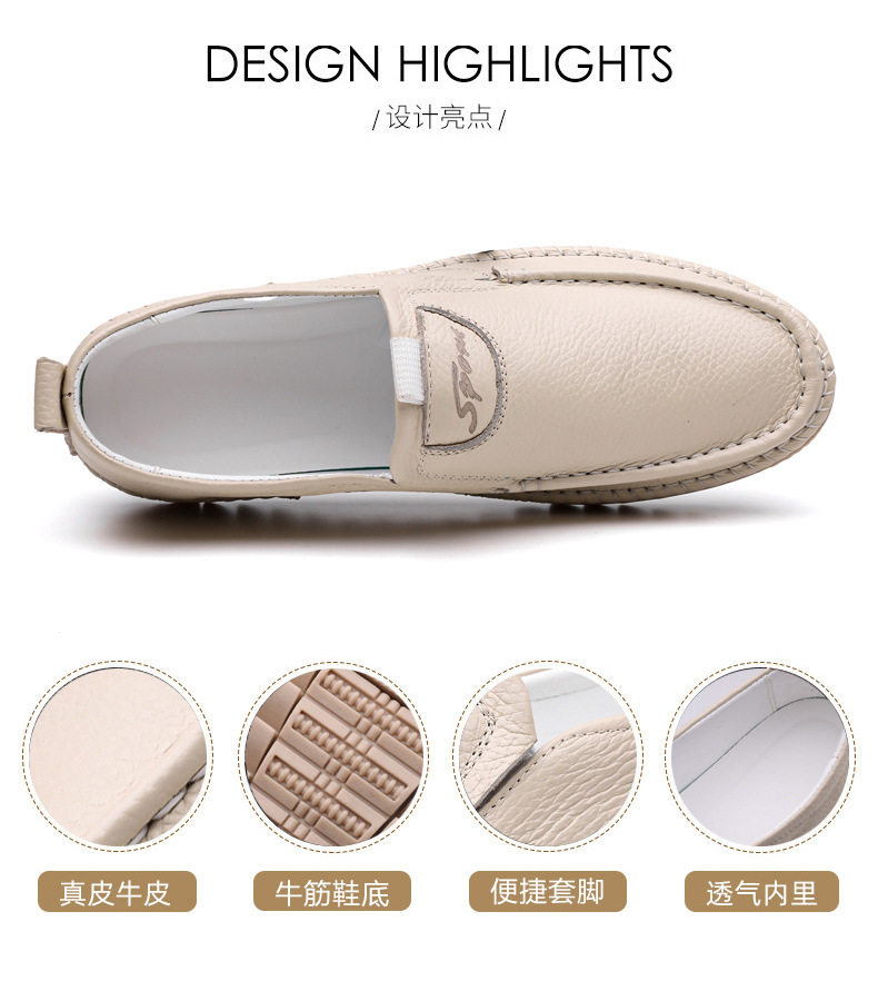 Giày lười nam da bò lớp đầu mũi tròn đế bằng chống trượt — Kaki, Màu trắng, Màu đen chi tiết 10