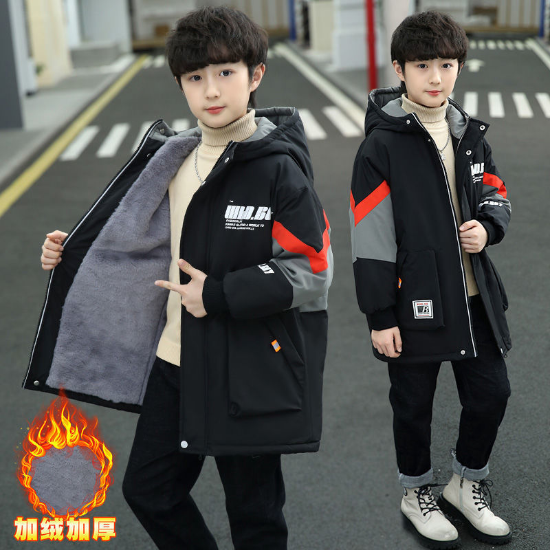 Boys' Jacket Autumn and Winter 2025 New Style for Older Children, Boys' Winter Fleece-Lined Thick Parka Cotton Coat Trendy