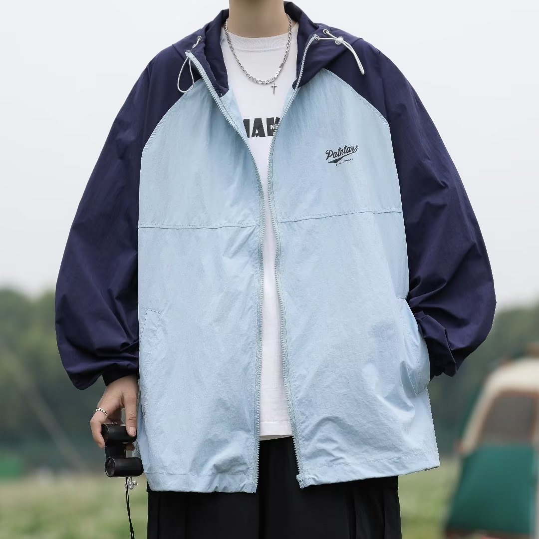 Men's summer thin American retro color-blocked hooded windbreaker jacket, trendy and cool sun protection clothing.