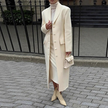 亚马逊跨境欧美秋冬女装外贸修身加长款呢子大衣青果领单排扣外套