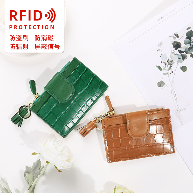 Cartera ultrafina rusa para mujer, con protección antirrobo contra deslizamiento, monedero para estudiantes, con patrón de piedra y patrón de cocodrilo, estilo delgado