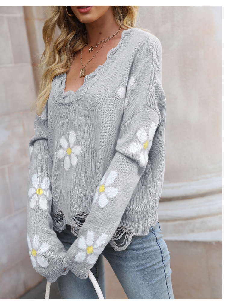 ripped long-sleeved loose small flower V-neck pullover sweater nihaostyles clothing wholesale NSYH82741