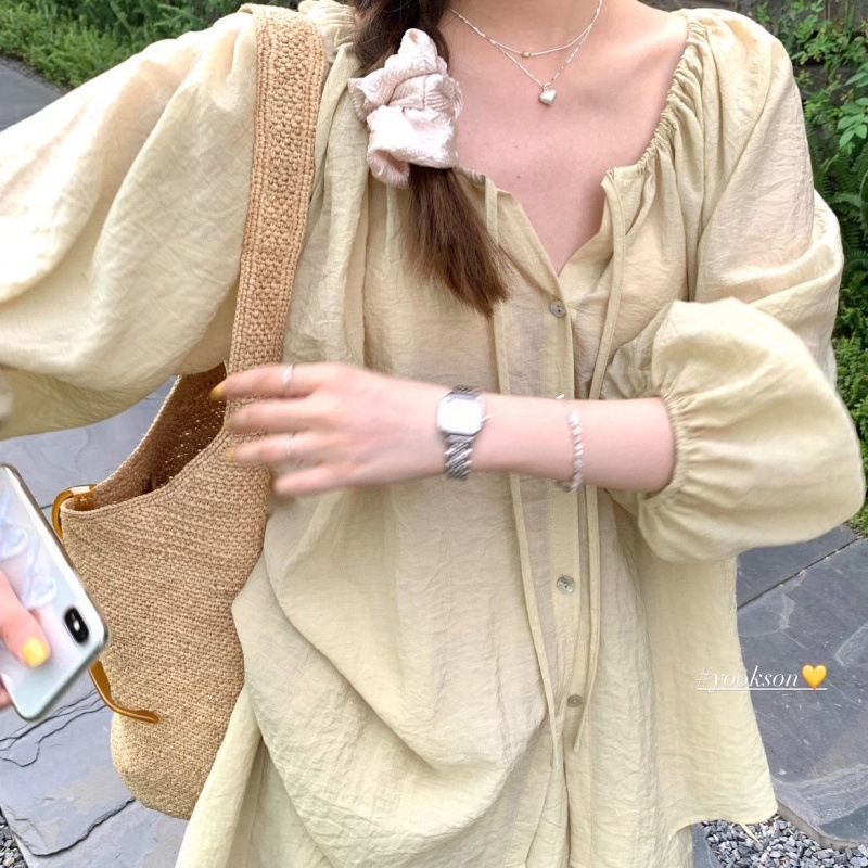 法式慵懒风防晒衬衫短裤两件套薄款抽绳女夏泡泡袖开衫套装遮肚|undefined