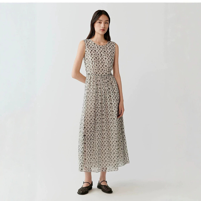 Ic Xiaohuo Pure Source Long Dress for Women 2026 Summer New Printed Cotton Silk Thin Plain Weave Dress
