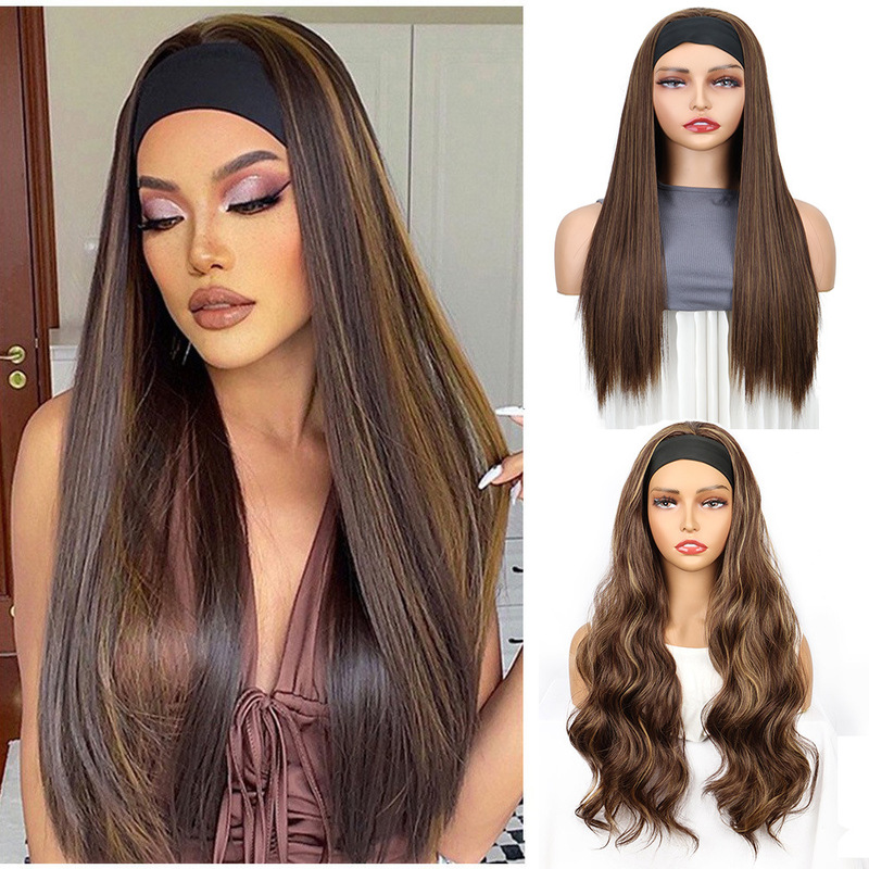Women's turban wig black hair band long straight hair curly hair big wave silk scarf head cover wig spot Joker