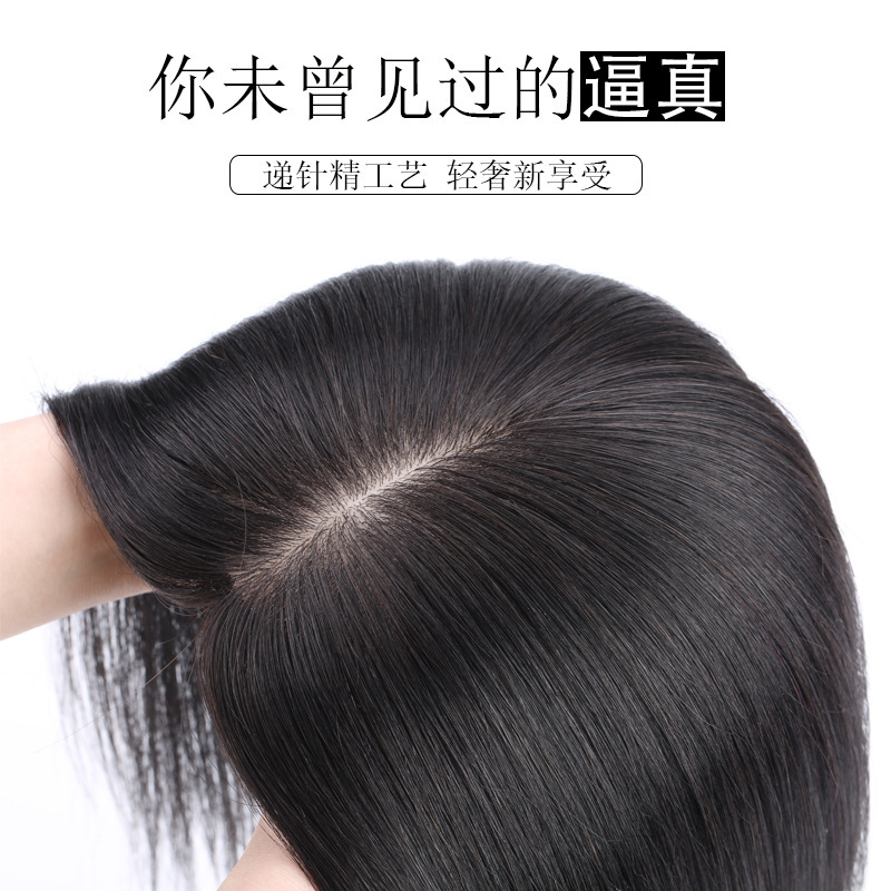 Double-Needle Wig with Real Human Hair for Top Hairpiece, Real Hair to Increase Hair Volume, Seamless and Lightweight, Covers White Hair, Fluffy Hairpiece