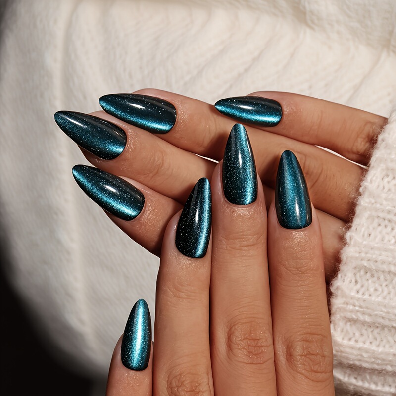 Blue-Green Cat-Eye Pointed-Shaped Wearable Nails, Long Almond-Shaped Nails, Brightening Aurora Magnetic Fake Nail Patches, Removable Blue-Green Cat-Eye Pointed-Shaped Wearable Nails, Long Almond-Shaped Nails, Brightening Aurora Magnetic Fake Nail Patches, Removable