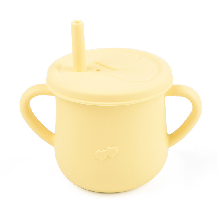 Taza de agua de paja de silicona para niños de grado alimenticio taza de agua resistente a caídas bebé taza de agua de silicona binaural taza de silicona para beber