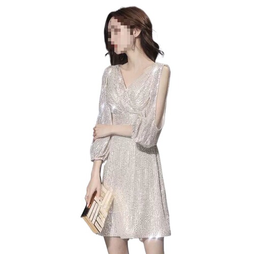 Small evening dress dress for women's new style celebrity sequins light luxury temperament banquet host dress texture