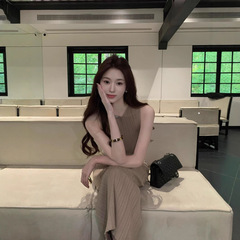 お姉さん風気質ノースリーブチョッキワンピース女性夏デザイン感修身スカート開叉ウエストバッグヒップロングスカート