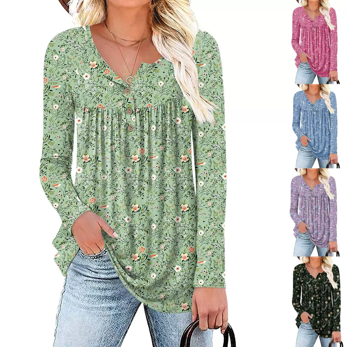 2025亚马逊跨境欧美新款大码休闲v领小碎花长袖衬衫上衣体恤