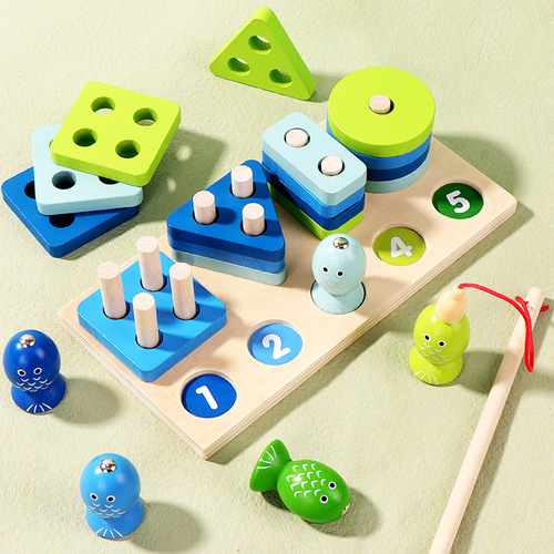2-in-1 Stereo Magnetic Fishing Set Building Blocks for Kids Montessori Shape Recognition Matching Early Education Wooden Toy