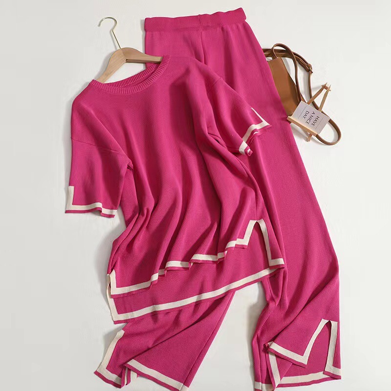 New Fashion suit Elegant Contrast Color Split Short-sleeved Knit Sweater High Waist Slimming Wide Leg Pants Two-piece Set New Fashion suit Elegant Contrast Color Split Short-sleeved Knit Sweater High Waist Slimming Wide Leg Pants Two-piece Set