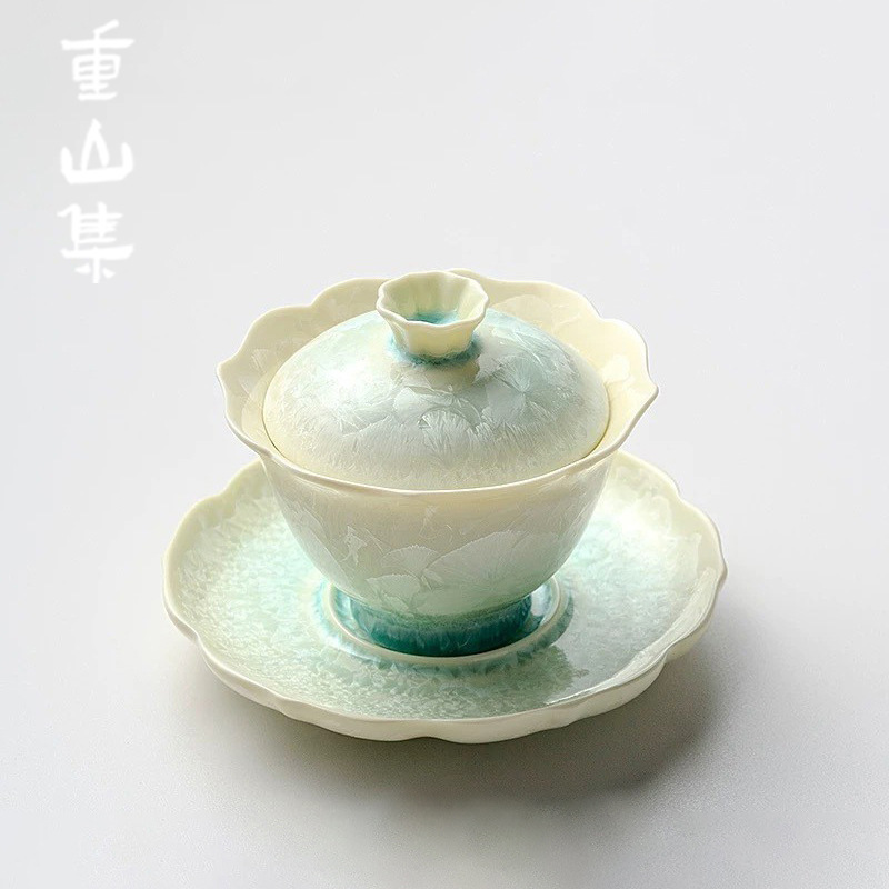 "Gradient" Crystal Ice Flower Lace Three-talent Cover Bowl Ceramic Kung Fu Tea Set Tea suit Gift Box