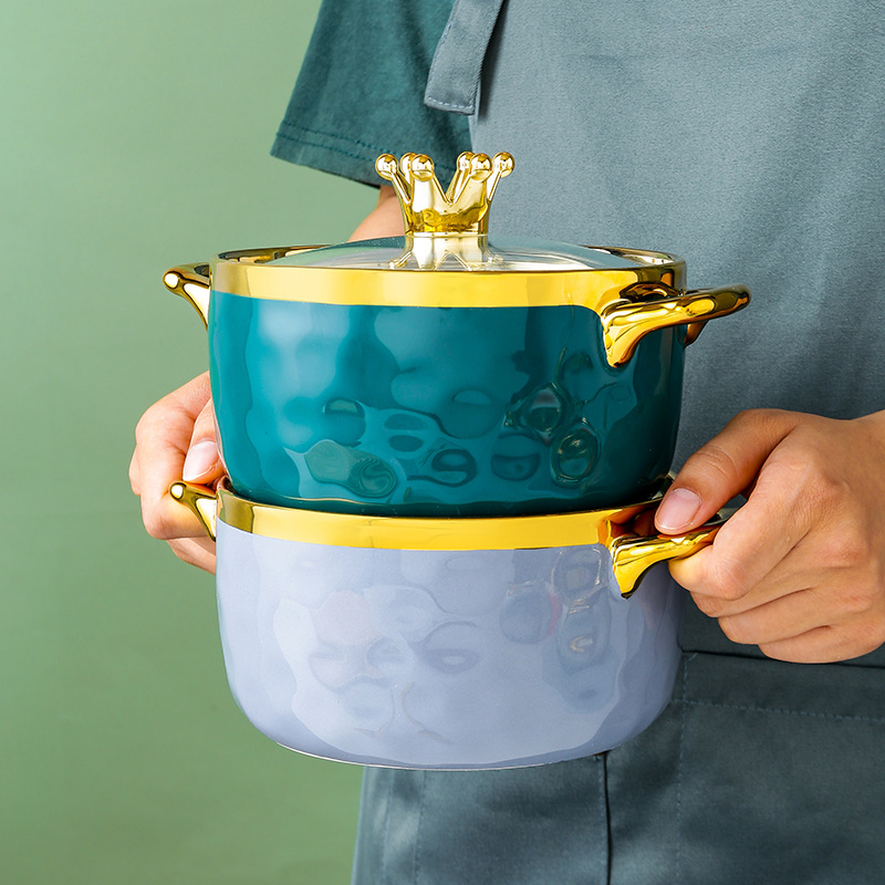 INS japonés-estilo simple tazón de cerámica hogar creativo color sólido gradiente doble-oreja sopa olla con tapa ensalada tazón de fideos instantáneo