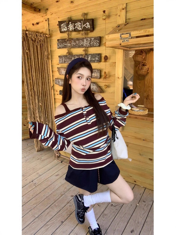 美式复古撞色条纹设计一字肩吊带上衣ins秋季收腰显瘦辣妹长袖T恤|undefined