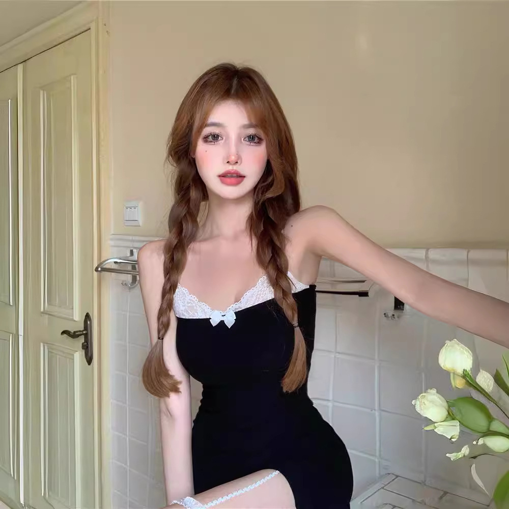 (2개) 순수한 욕망 천장 달콤한 매운 여자 친구 바람 절단 남자 엉덩이 원피스 달콤한 활 슬링 나이트 가운 다리 반지 원피스