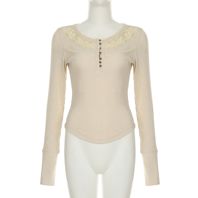 Autumn Winter Women Clothing Internet Lace Stitching Split Breasted round Neck Slim Fit Base Long Sleeve T shirt for Women