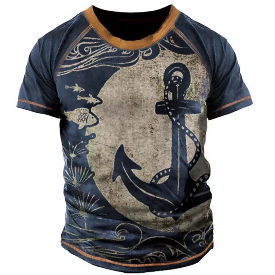 Camiseta de cuello redondo de manga corta transpirable de malla suelta de verano de los hombres con estampado 3D con estampado de lema retro clásico