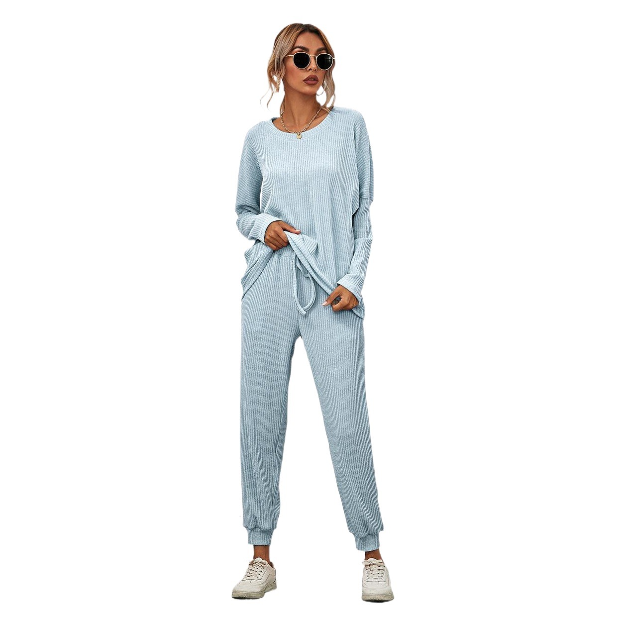 Transfronterizo Amazon 2022 otoño e invierno nuevo europeo y americano color sólido manga larga suelta casual traje homewear pijamas para mujeres