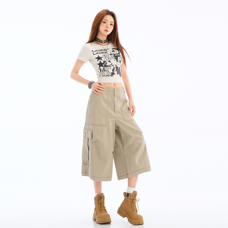 Orange Silk Women's# Summer Trendy Brand Multi-Pocket Workwear Capri Pants American Loose High-Level Wide Leg Casual Pants for Women