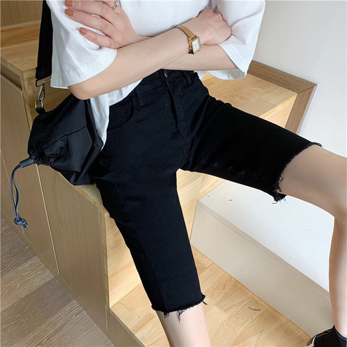 Black denim five-pocket women's summer stretch high-waisted tight shorts for slimming straight-leg cycling pants trendy