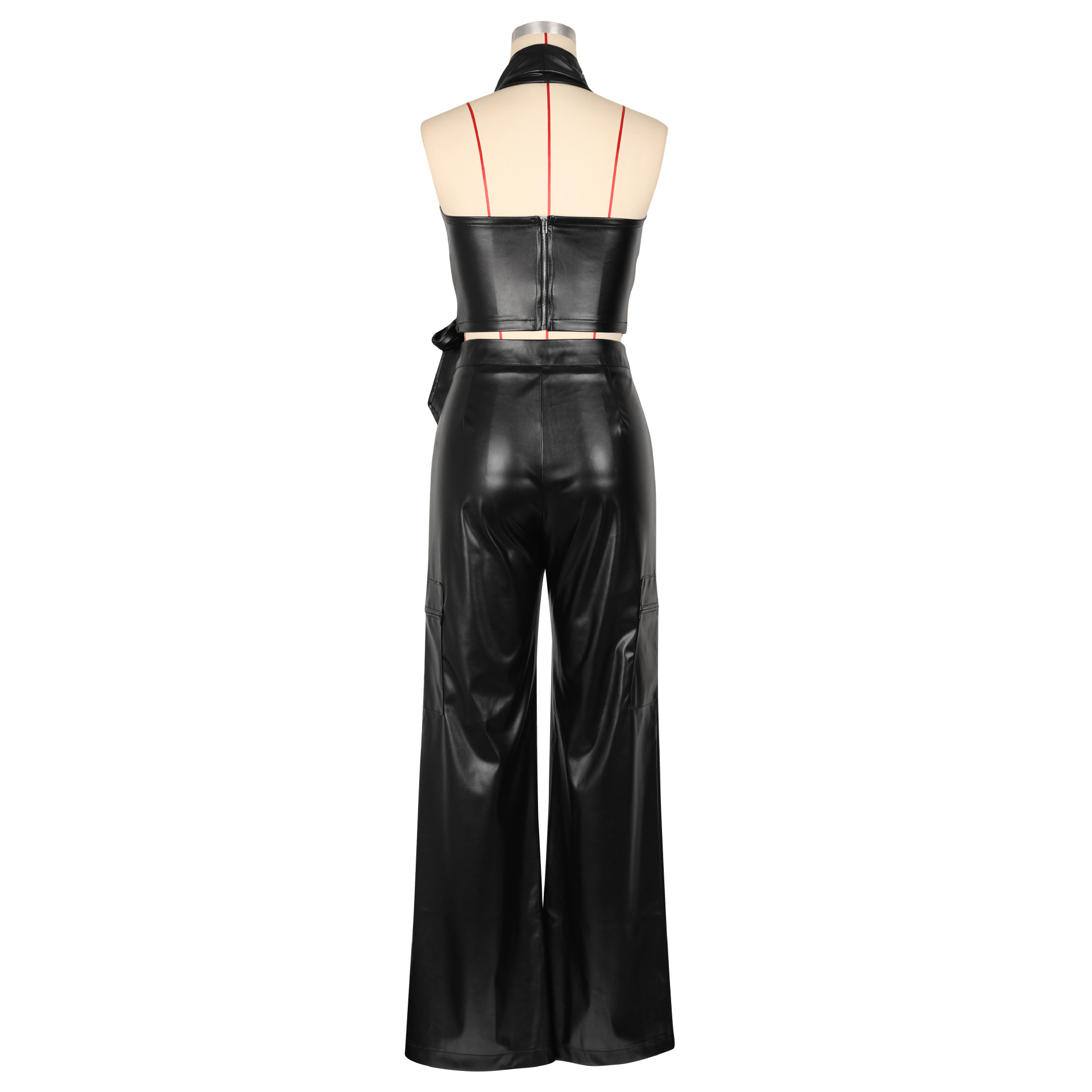 Women Clothing Faux Leather Sleeveless Halter Sexy Leather Pants Two Piece Summer