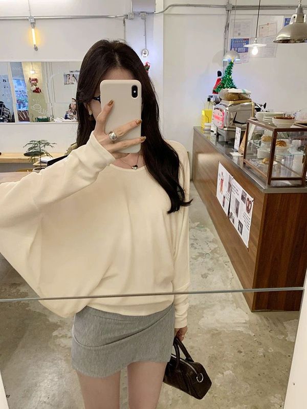 【自家工厂现货】纯色蝙蝠长袖t恤女秋季宽松显瘦内搭打底上衣|undefined