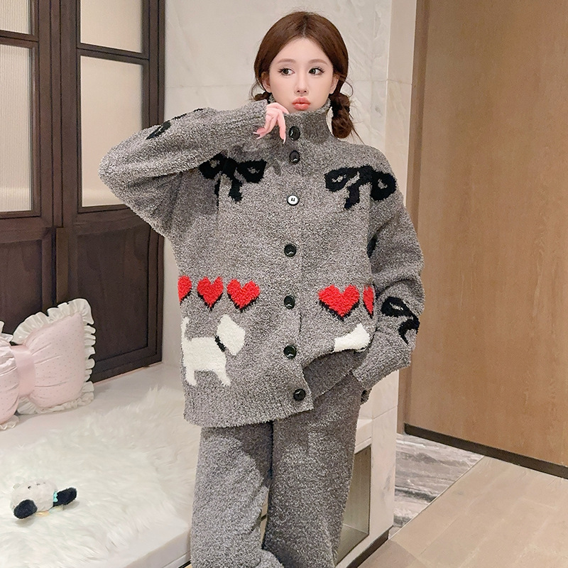 半边绒睡衣女秋冬新款加厚保暖慵懒风蝴蝶结爱心小狗家居服可外穿|undefined