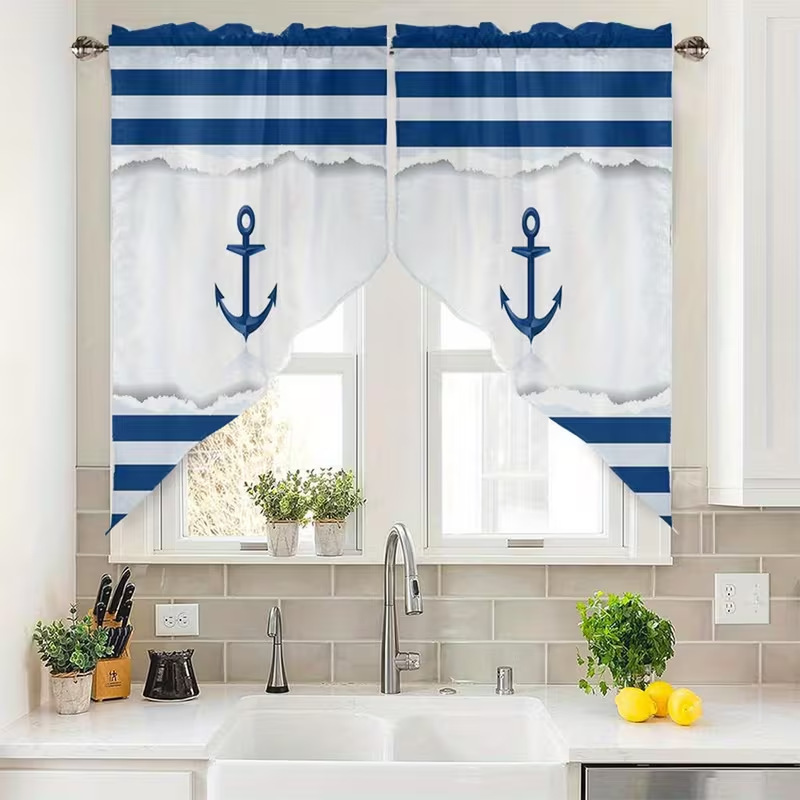 Cross-Border Nautical Style Anchor Triangular Small Curtain for Kitchen, Living Room, Bathroom, Window, Home Decoration