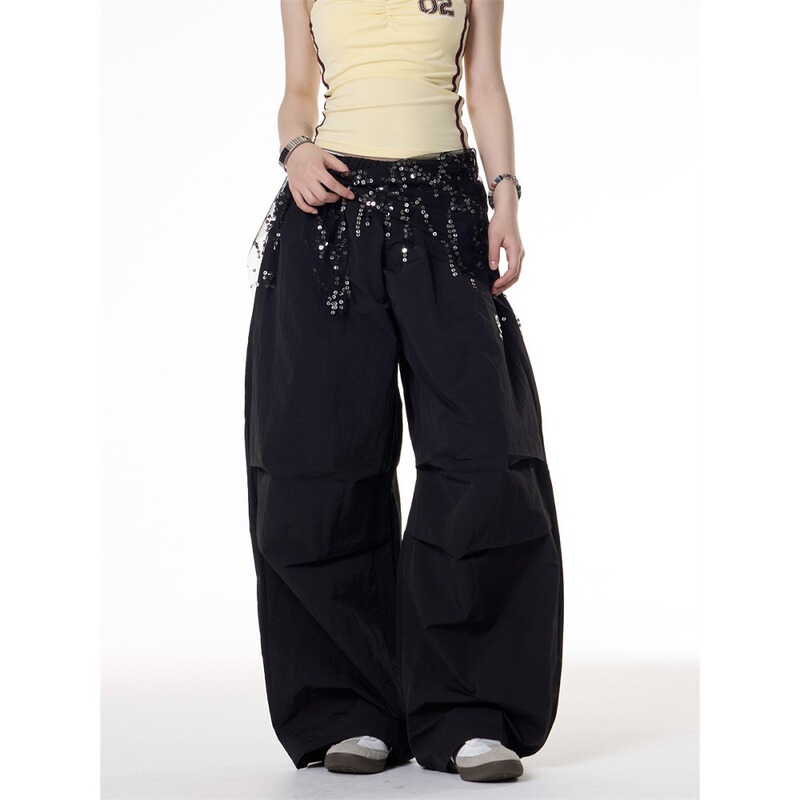 American-Style Spicy Girl Tassel Sequin Butt Curtain Scimitar Paratrooper Pants for Women, New Autumn Sports Wide-Leg Drape Cargo Pants