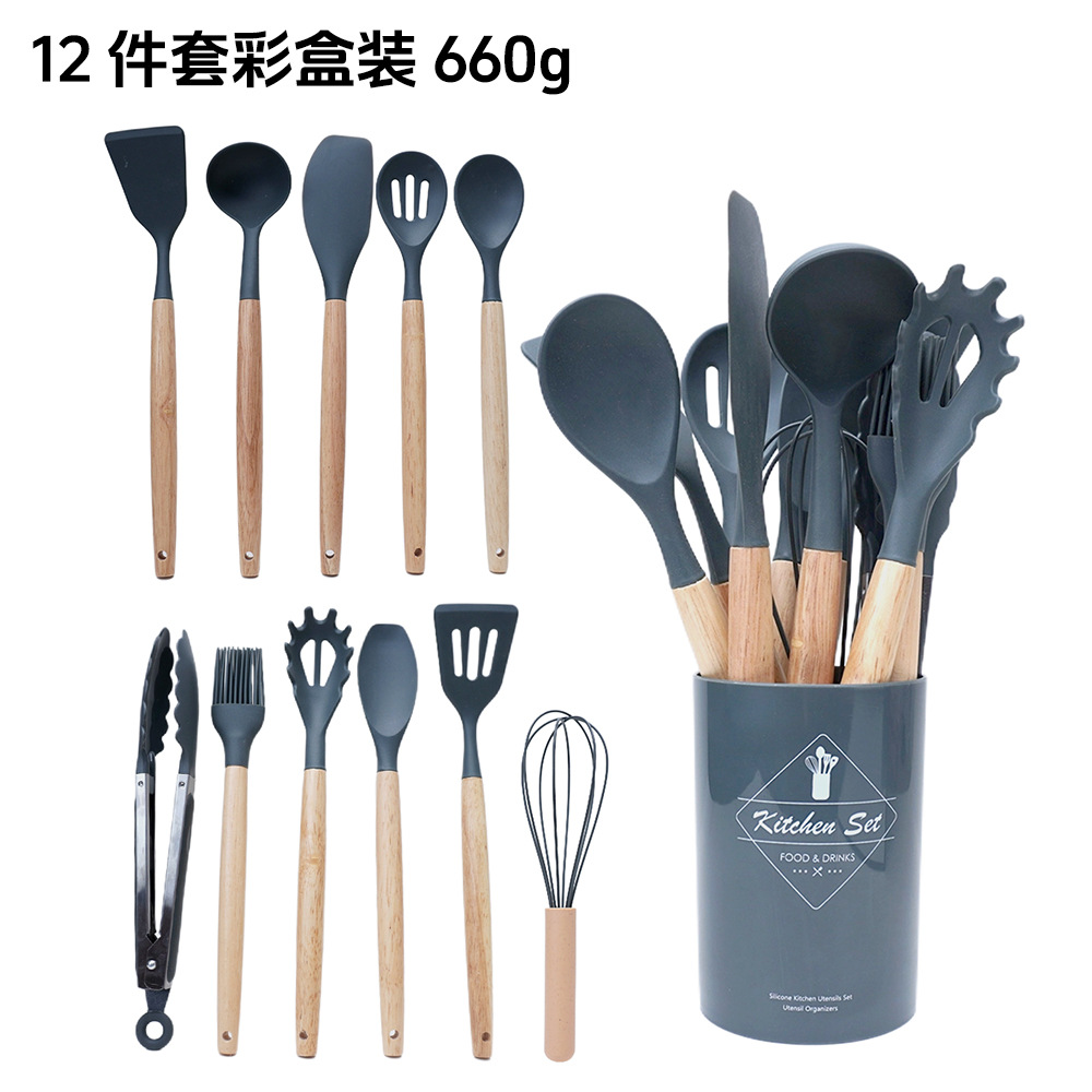 Versión ligera 750G traje de utensilios de cocina de silicona mango de madera diez o cuatro piezas herramientas de cocina pala cuchara traje conjunto de 14 piezas