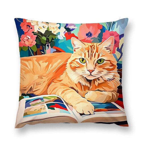 Cross-border best-selling abstract style cat and flowers single-sided printed pillowcase, dropshipping one piece