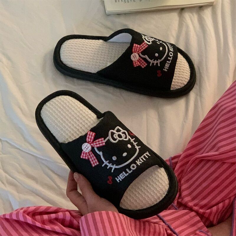 Comfortable, Stylish, Cute, Genuine Hello Kitty Women's Linen Slippers, Suitable for All Seasons, Bedroom Student Floor Shoes