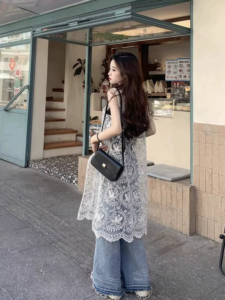 Белое кружевное сетчатое платье, женское летнее новое дизайнерское ажурное платье-жаккард без рукавов, модное платье-жилет