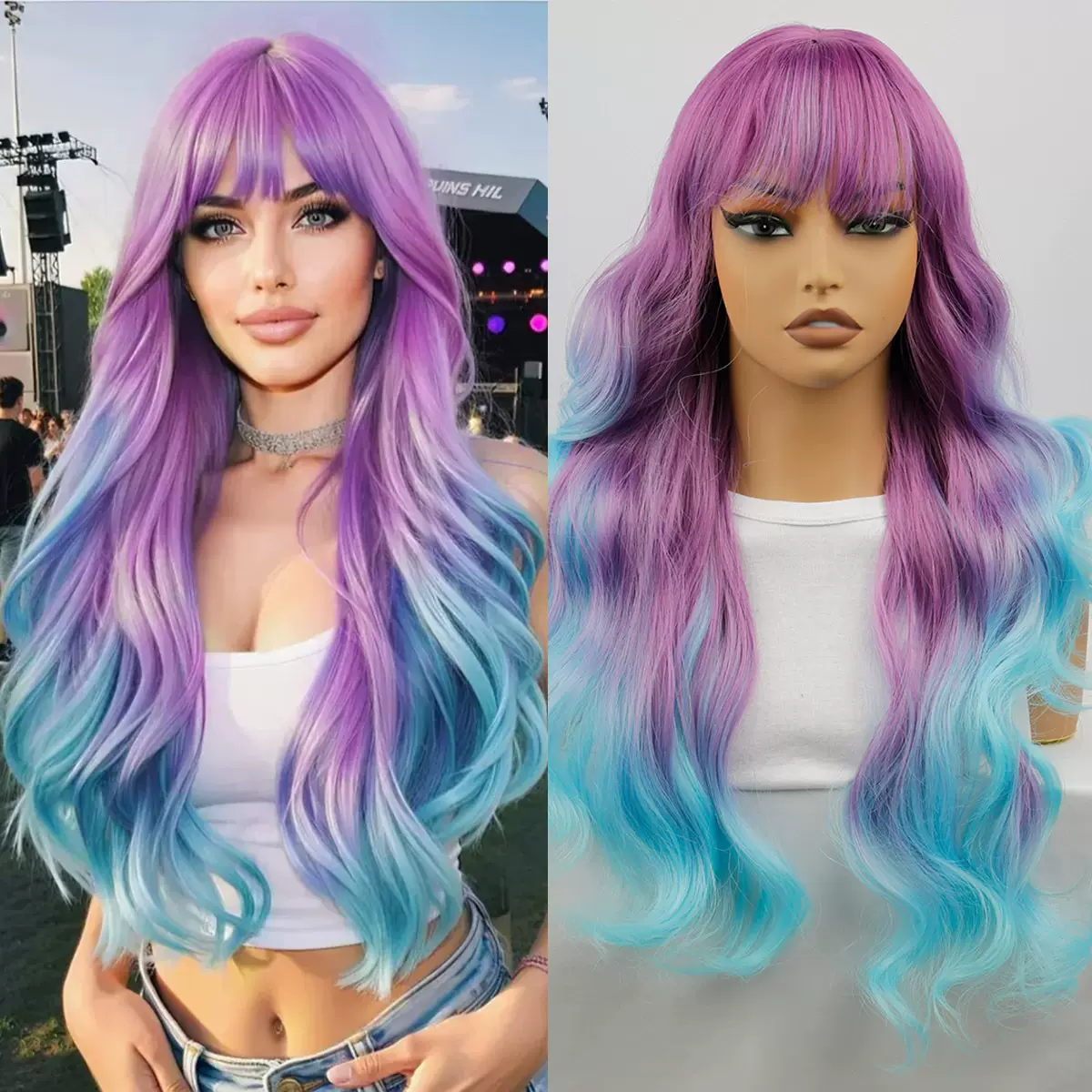 跨境渐变紫色长卷发假发女大波浪化纤全头套厂家批发现货coswig